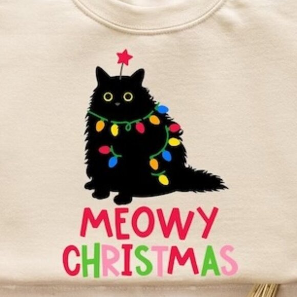 Meowy Christmas Sweatshirt Cat Christmas Sweatshirt Cat Lover Xmas Sweatshirt 90 - Picture 2 of 5